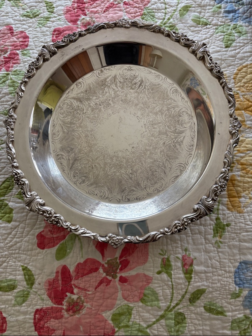 Ornate Silver-Plated Serving Bowl - Elegant Floral Engraving